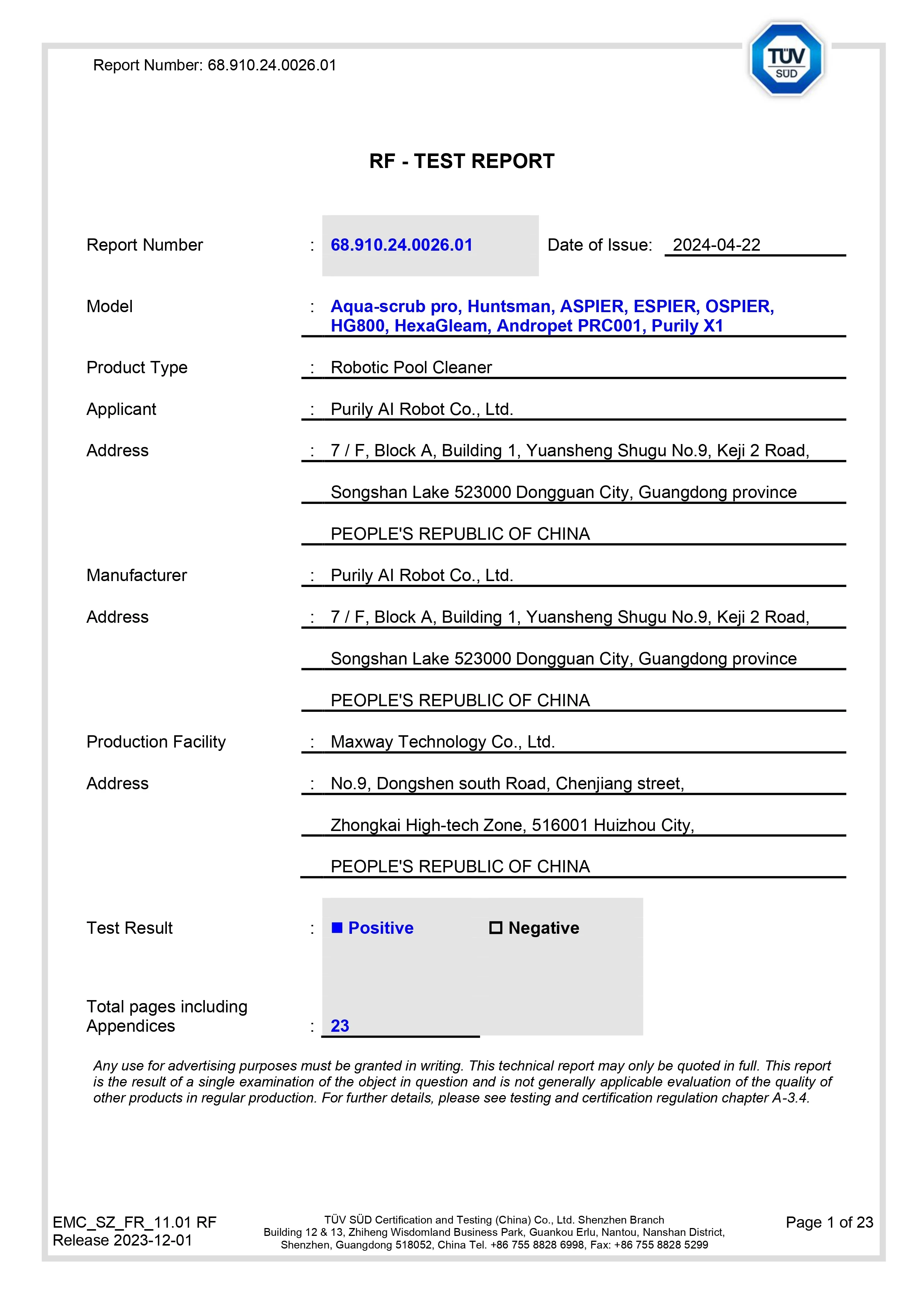 PURILY pool robot EU RED compliance certification
