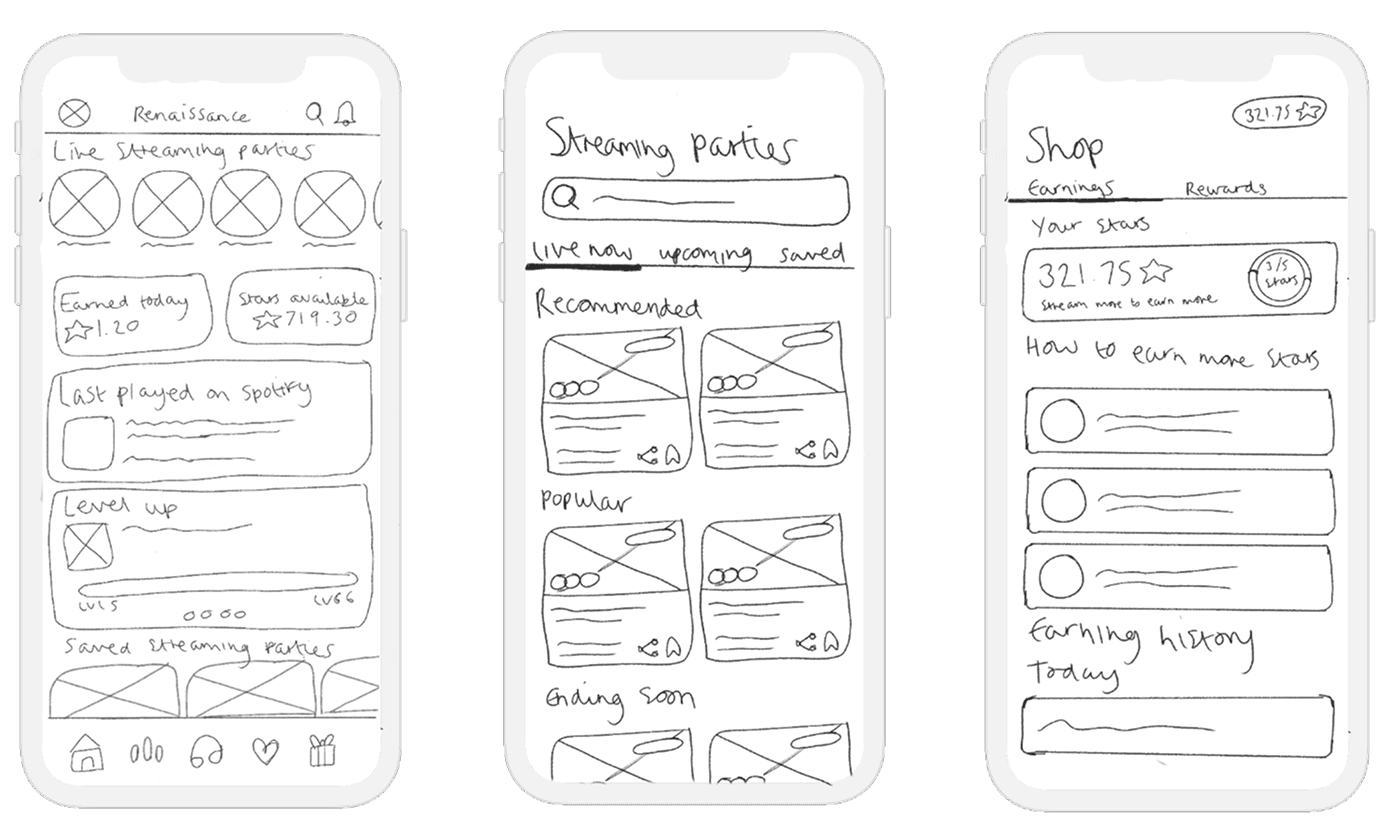 App sketches of key screens like the homepage