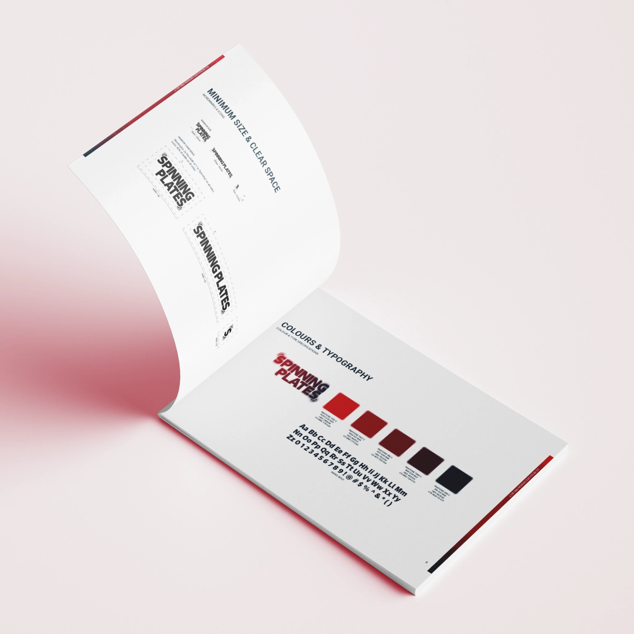 Brand identity book open to the colour and type page.