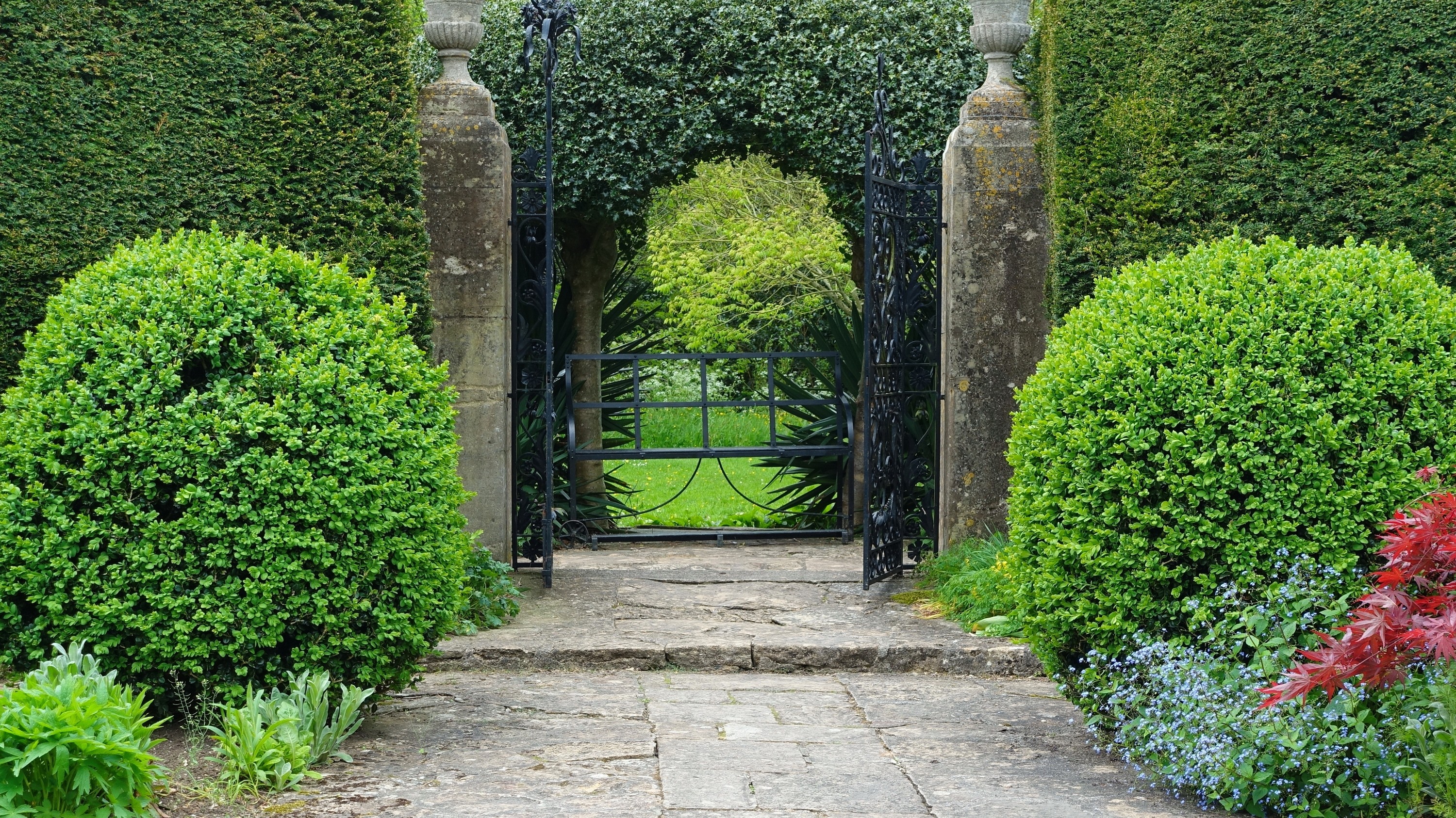 An open wrought iron garden gate leading to a green pathway, symbolising transition, stewardship, and succession planning.