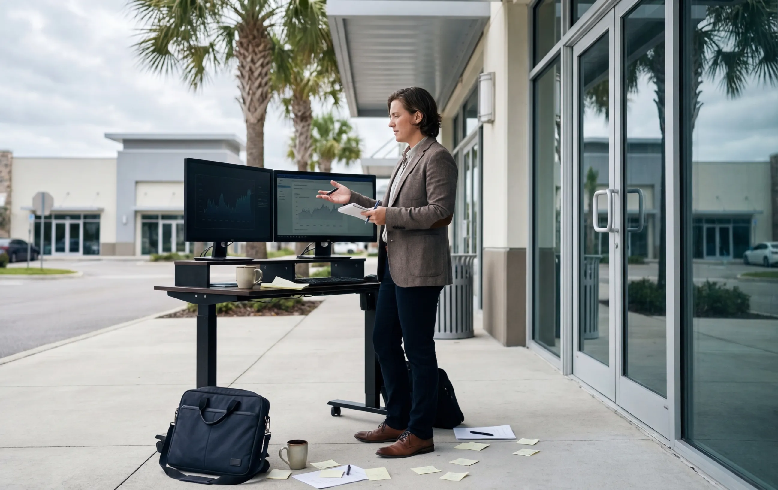 Person presenting outdoors at a standing desk for RockN' Socials, a Digital Marketing Agency.