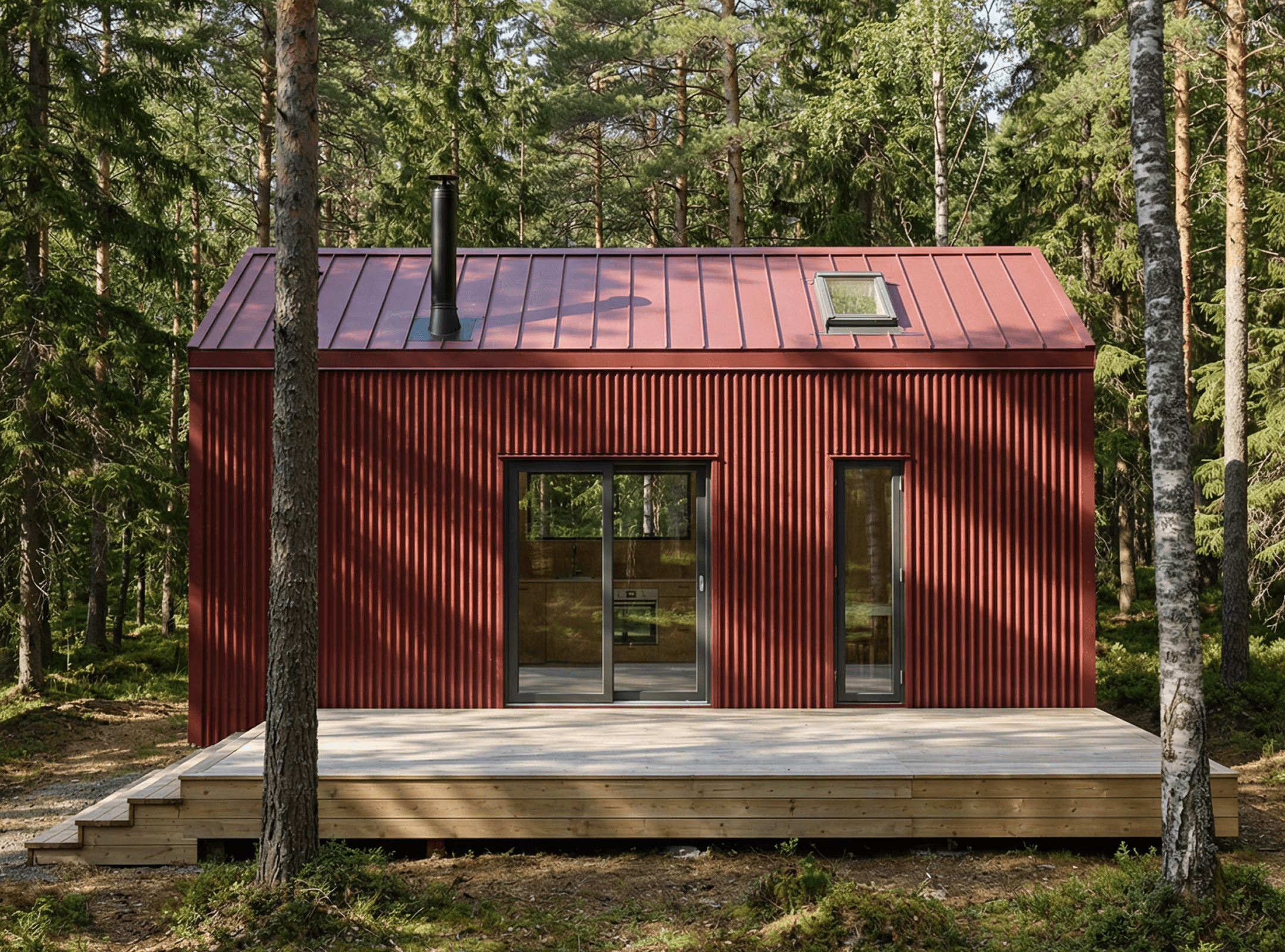Red steel corrugated cladding on this gable shaped cabin with skylights, set in a forest clearing, featuring sliding glass doors opening onto a low timber deck