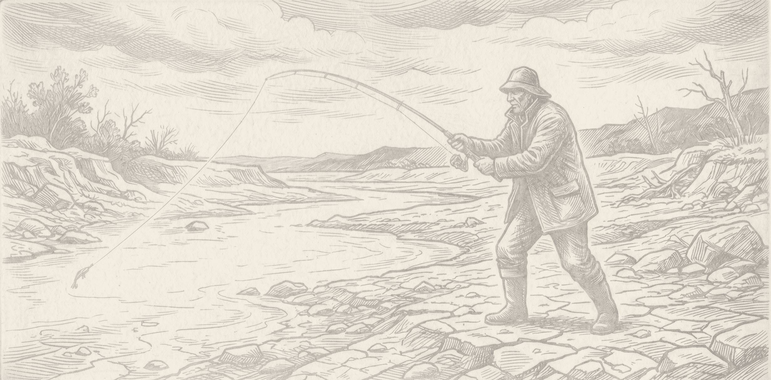 A lone fisherman, depicted in detailed cross-hatching, stands on the right-hand rocky bank, wearing traditional outdoor gear: a sou'wester hat, a heavy coat, and wading boots. He is in the act of casting, holding a fishing rod high with both hands. A long fishing line arcs out over the river toward the left bank, where a small fish is visible jumping or being hooked on a lure.