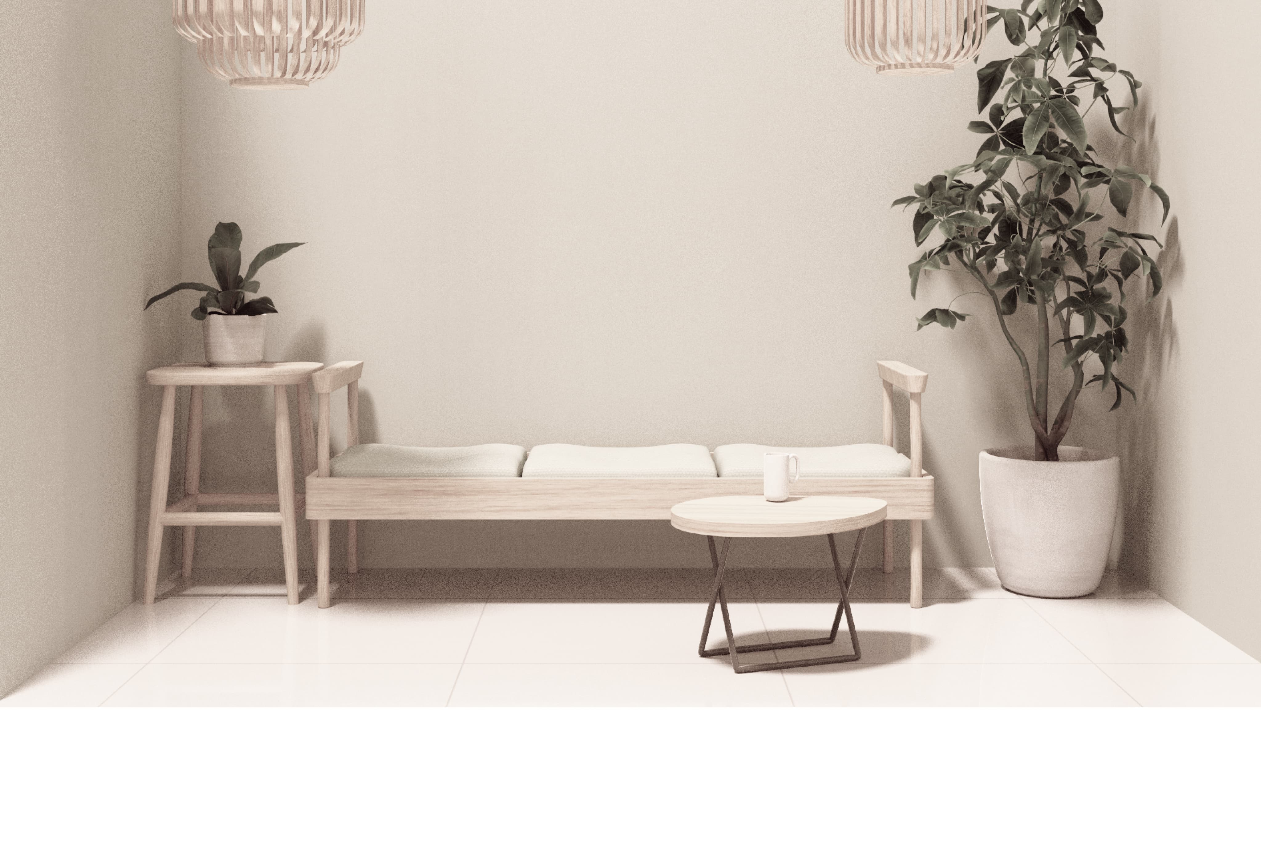 A minimalist room featuring a wooden daybed, a side table, and a large potted plant against a light wall in the uMake app