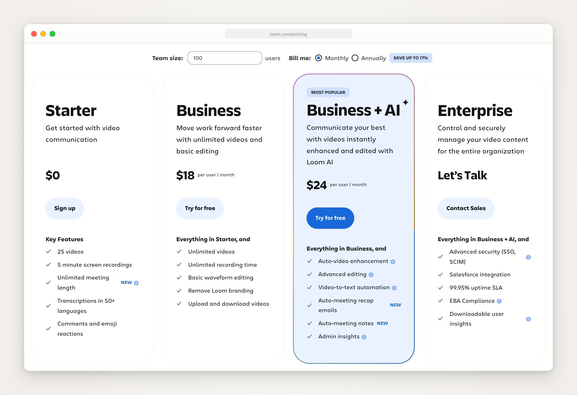 Four plan cards on Loom’s pricing page, billed monthly: Starter at $0 with 25 videos and 5 minute screen recordings, Business at $18 per user a month with unlimited videos and recording time, Business + AI at $24, and Enterprise marked Let’s Talk