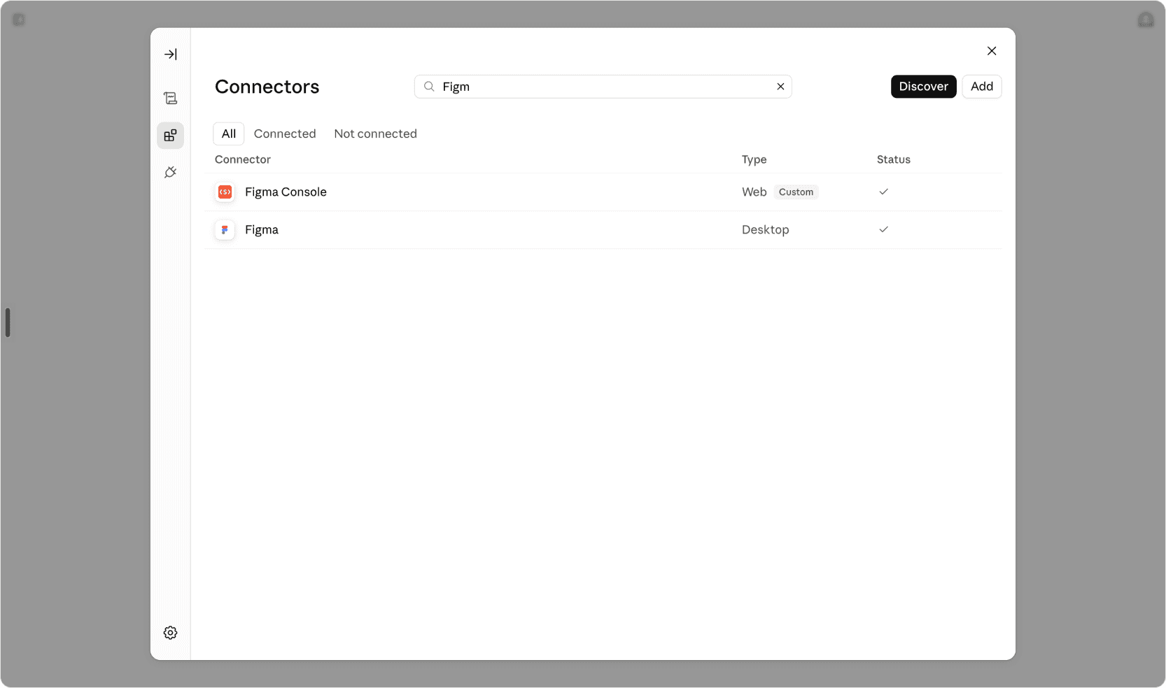 Claude's connectors panel with a search for Figma. Two results: Figma Console, a custom web connector, and Figma, a desktop connector. Both show a checkmark indicating they're connected.