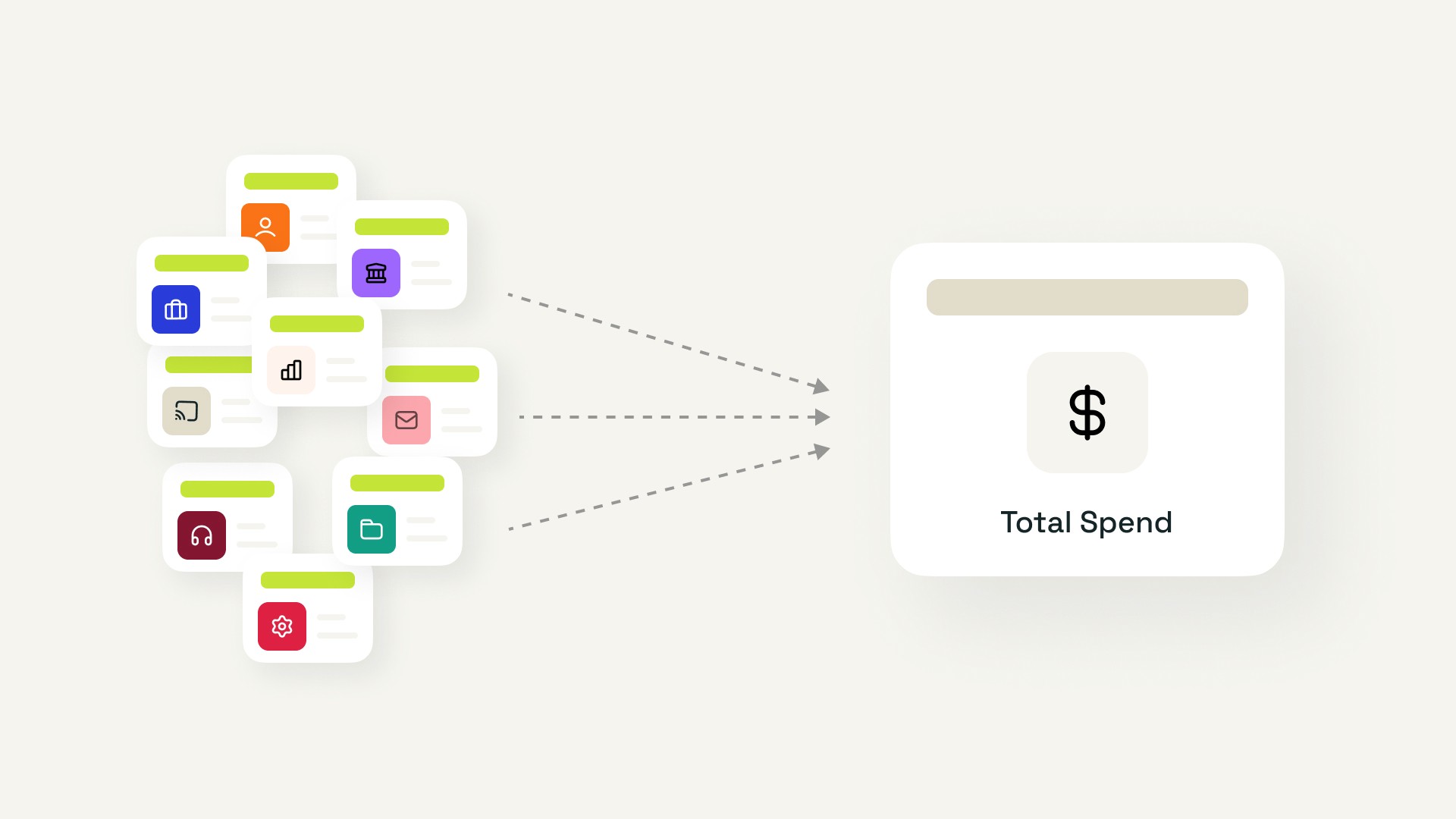 Diagram showing many small SaaS subscriptions combining into one large total software cost.