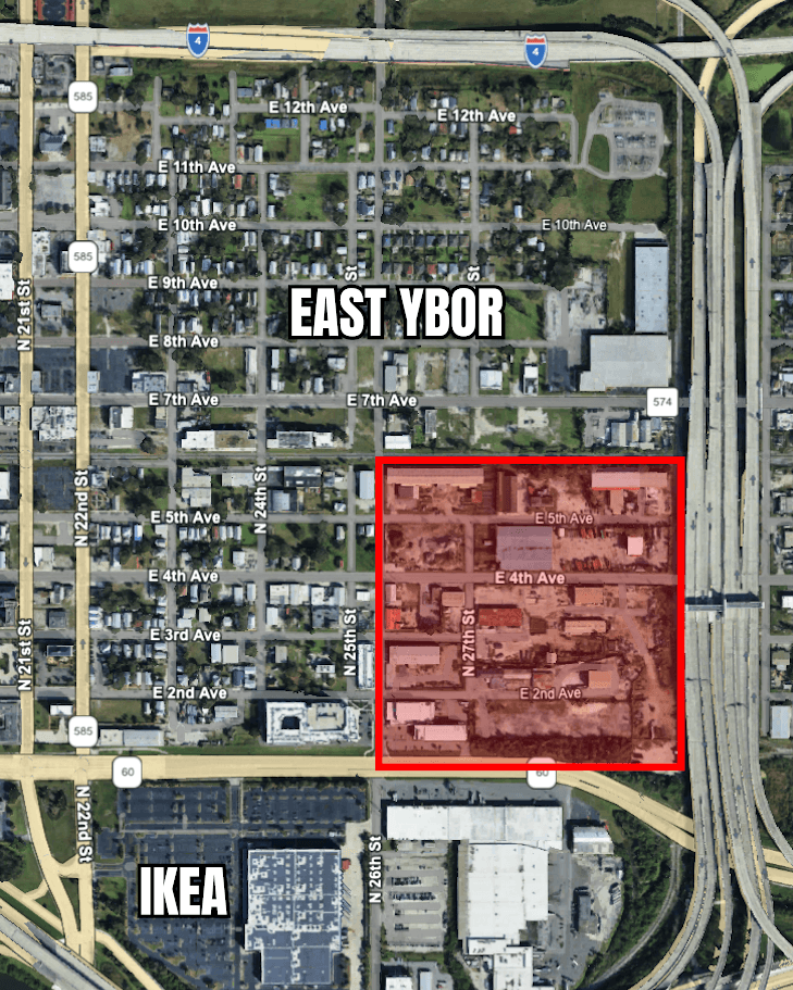 Aerial map showing Tampa General Hospital's proposed 25-acre East Ybor campus site highlighted in red, with surrounding neighborhoods, streets, and IKEA store visible