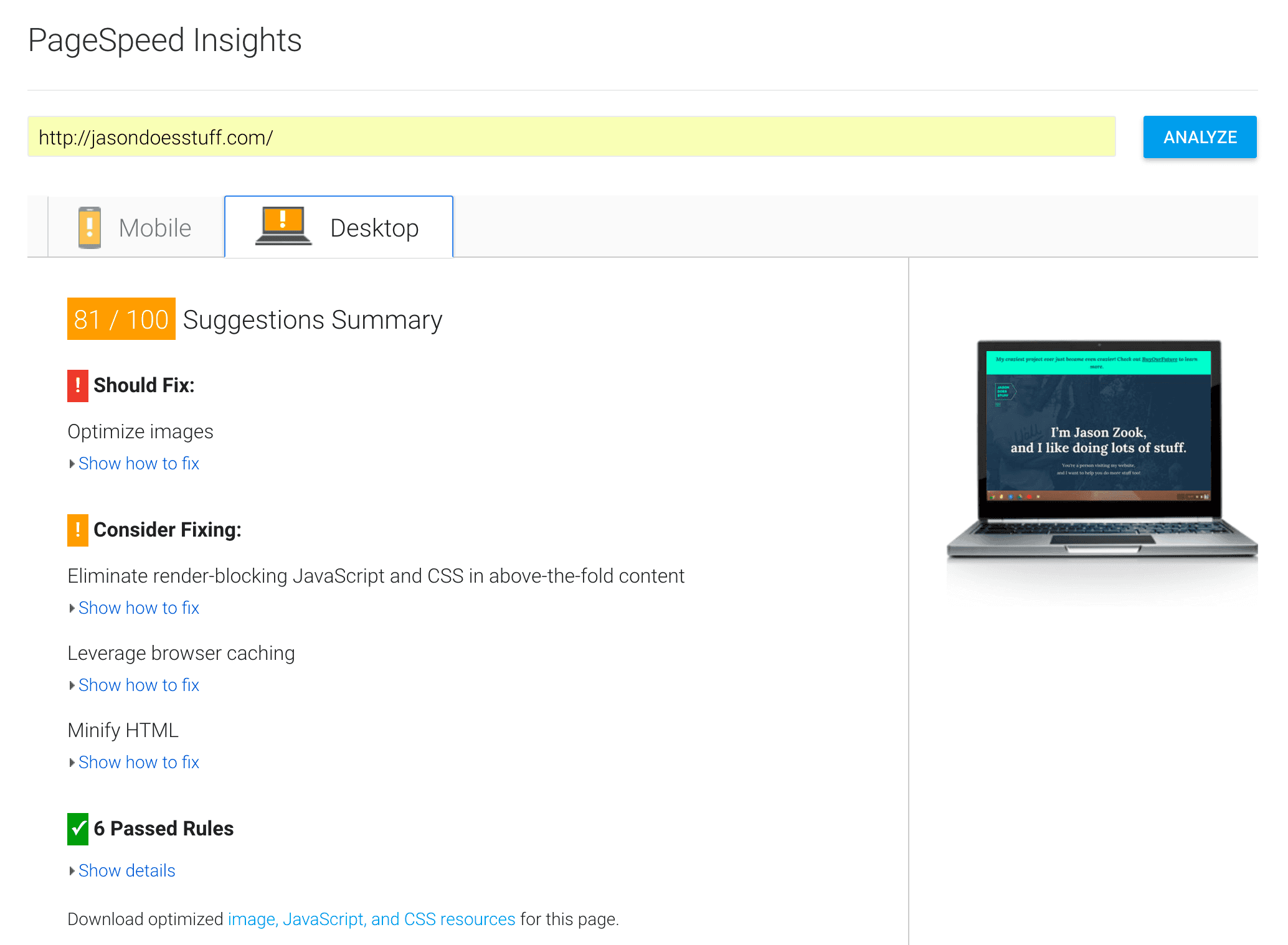 Google Pagespeed Insights for JasonDoesStuff