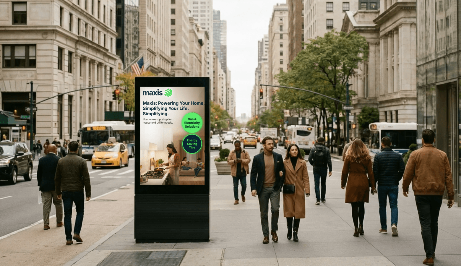 a man walking down a street past a large poster