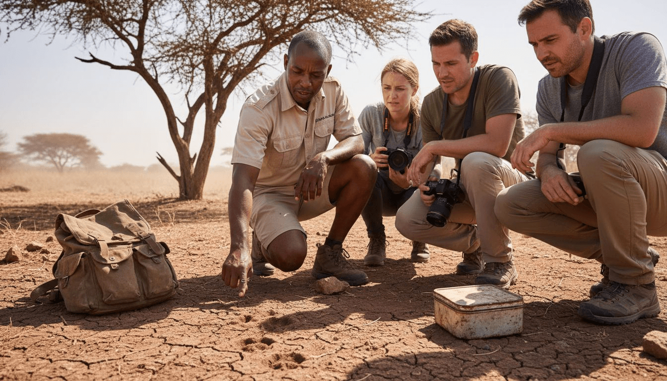 El guía del safari enseña a los turistas las huellas de los leones que encuentran durante el recorrido.