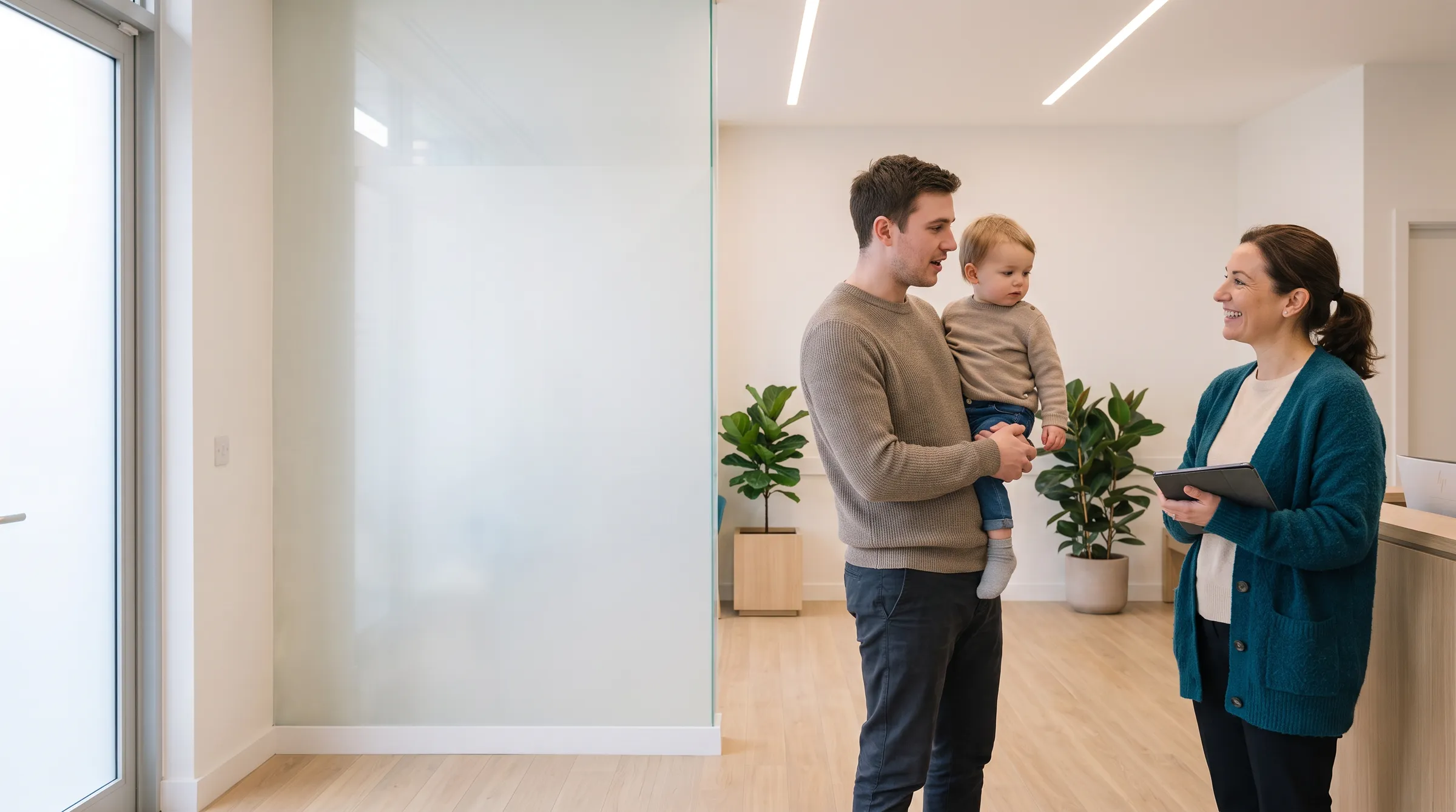 A receptionist welcoming a father and toddler at the entrance