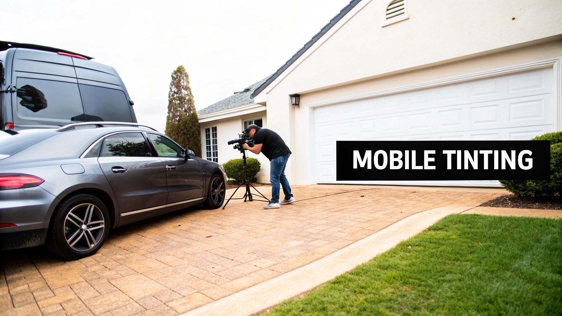 A technician applying window tint to a car in a customer's garage, showcasing the convenience of mobile service.