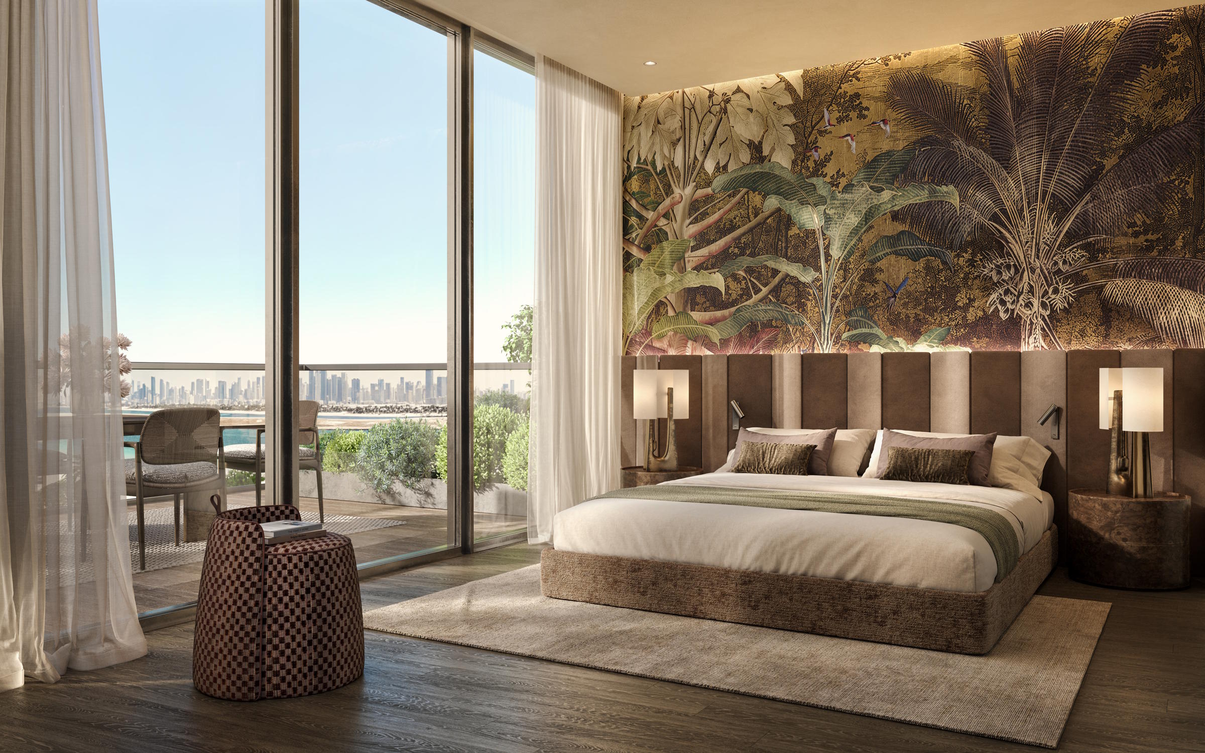 Sophisticated modern bedroom interior with scenic views at Tilal Binghatti Dunes properties.