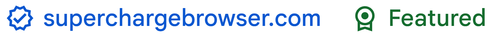 SuperchargeBrowser Chrome Web Store badges showing Featured status and good publisher record with no violations.