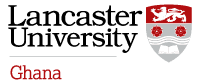 Lancaster University Ghana logo with a red lion crest and serif text.