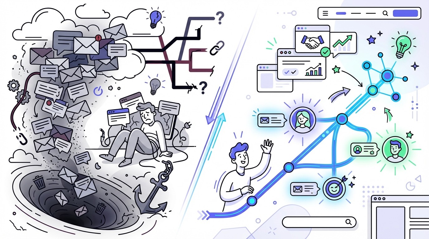 An illustration contrasting two digital scenes: on the left, a dark, cluttered space with generic emails overflowing into a spam folder; on the right, a bright, organized path with personalized messages connecting to profiles, symbolizing effective cold outreach.