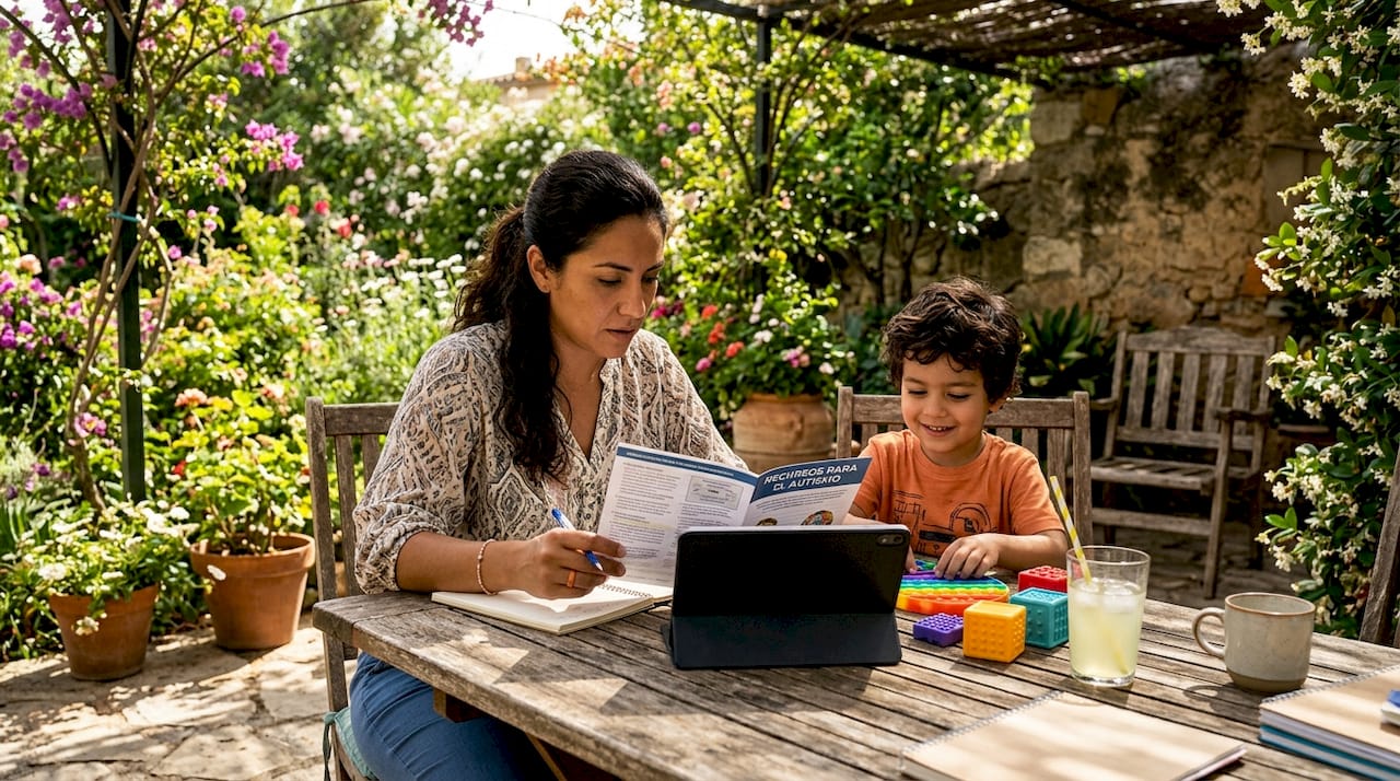 Mother and son reviewing Spanish autism resources at home
