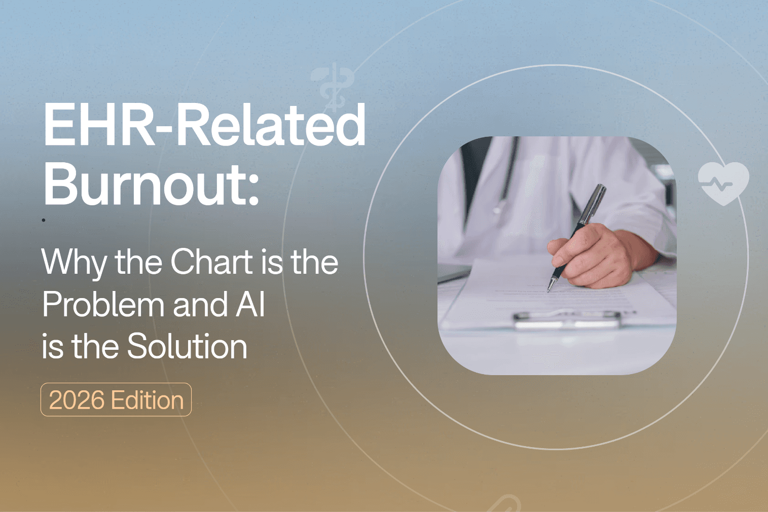 AI medical scribe assisting a doctor who writes on a clipboard while typing on a laptop at a clinical desk.