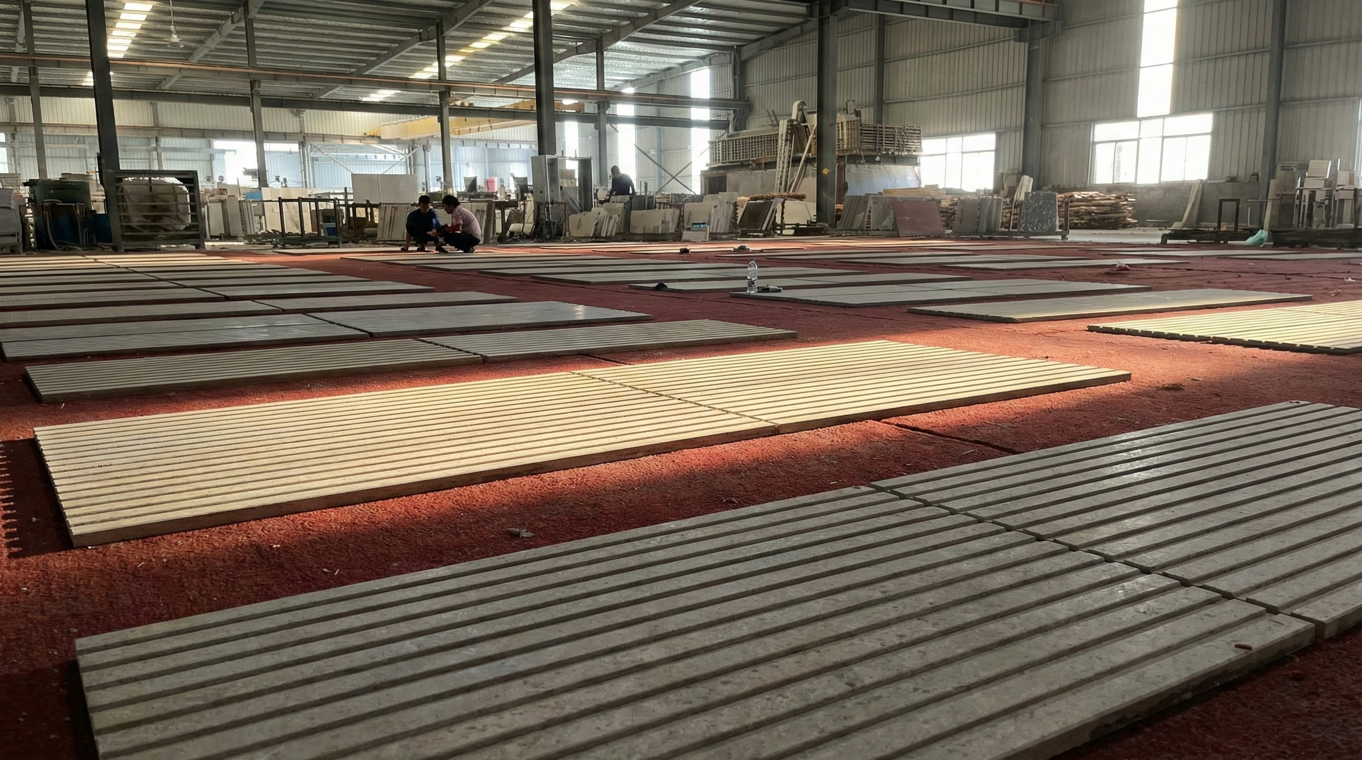 Large batch production and inspection of grooved stone panels in NOVA STONE factory for a metro project.