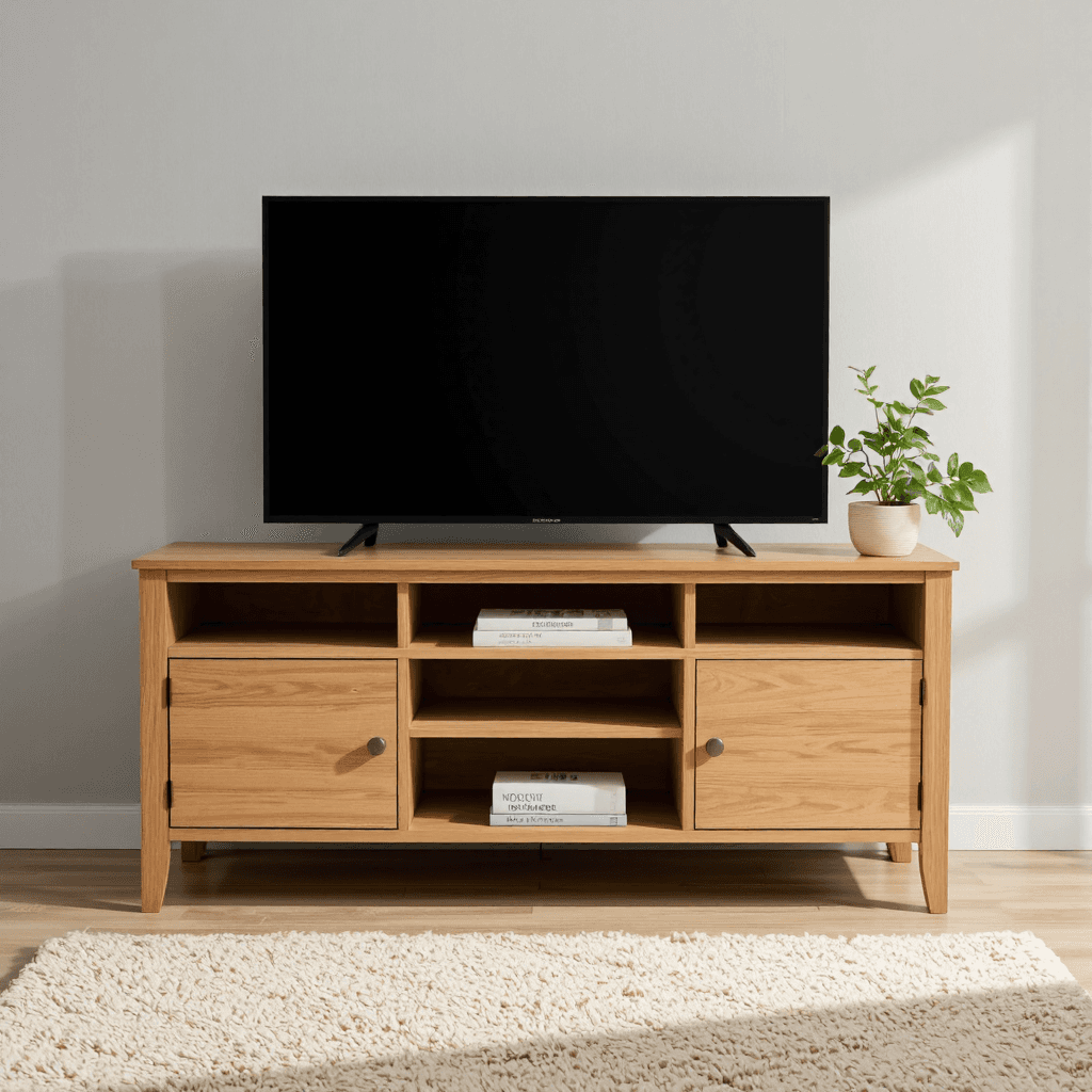product photography of a wooden TV stand with storage compartments
