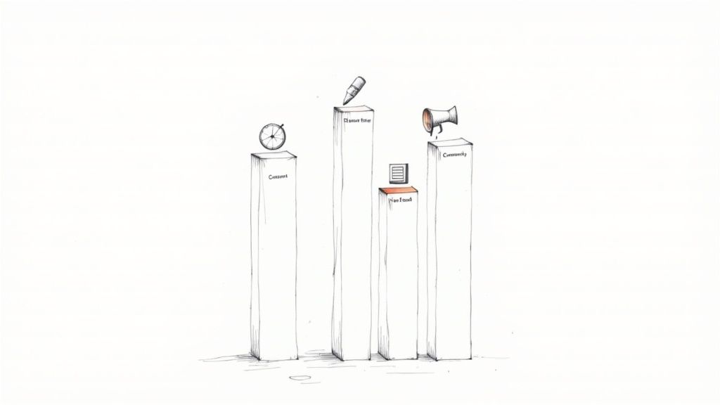 Five vertical pillars representing different social media marketing content types with icons on top