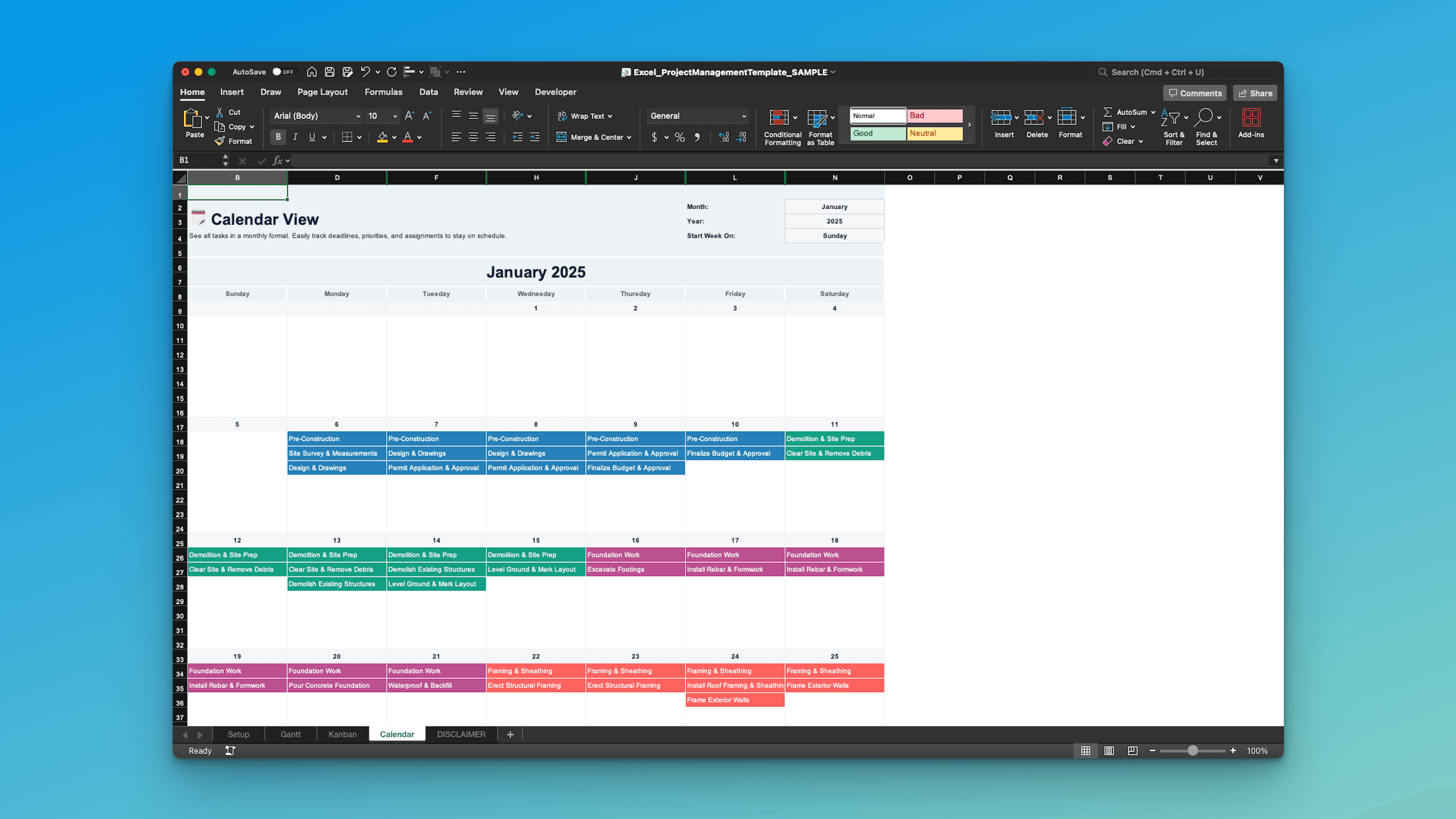 Excel project management calendar view for construction projects – monthly grid tracking phases deadlines and site tasks like foundation framing and roofing