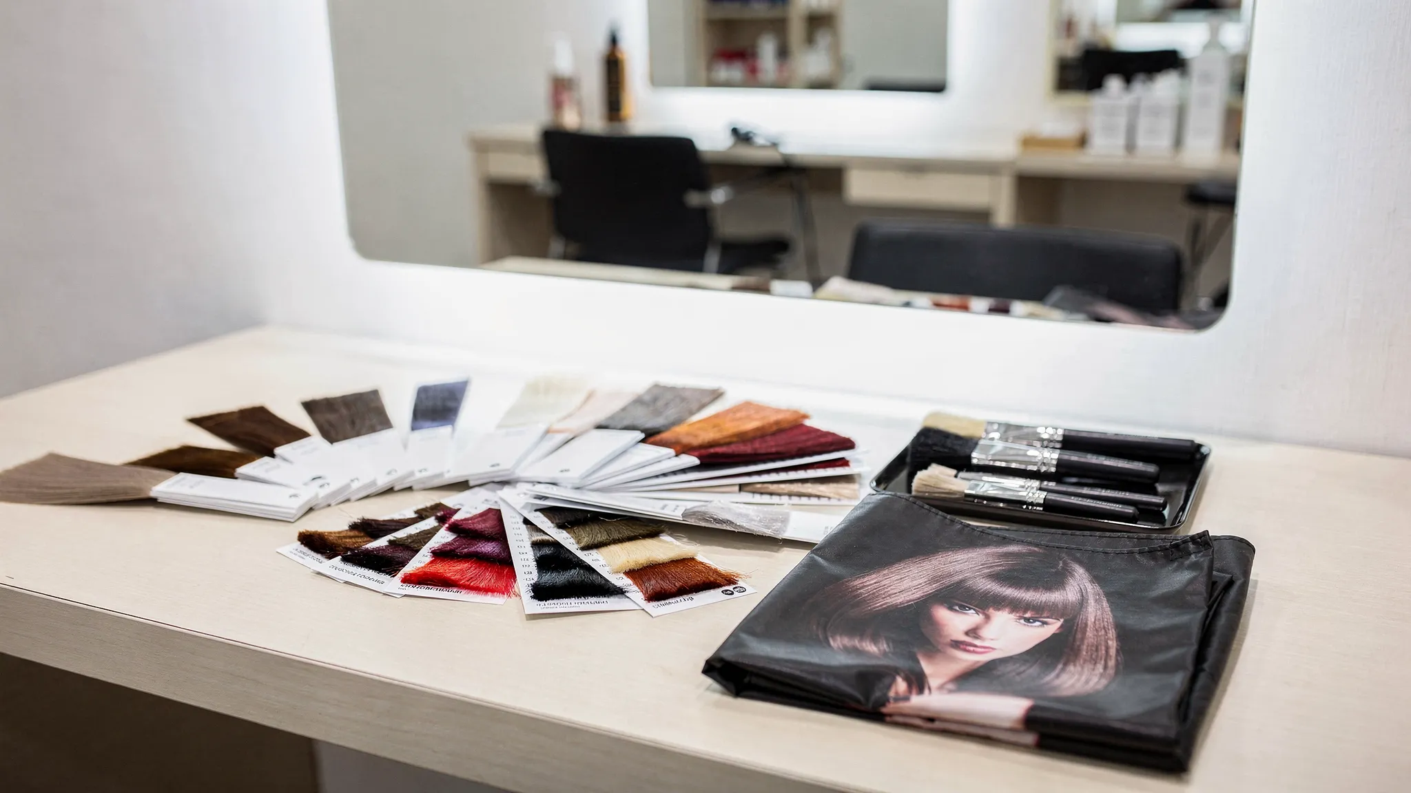 A salon consultation table with hair color swatches, a stylist cape, professional brushes, and a client inspiration photo laid out beside a mirror.
