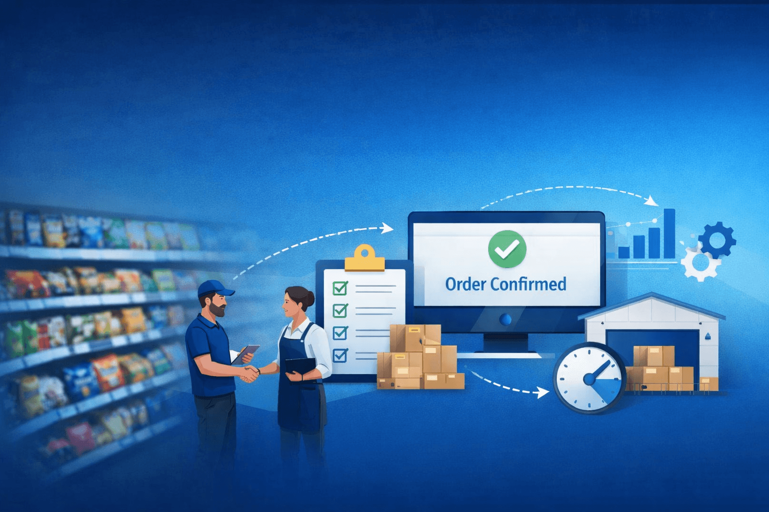 Wholesale ordering workflow illustration showing a retailer and CPG vendor, digital order management system, inventory checklist, warehouse, and fulfillment process