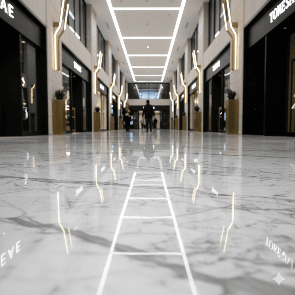 Detail shot of highly polished Italian marble flooring in M3M Line lobby