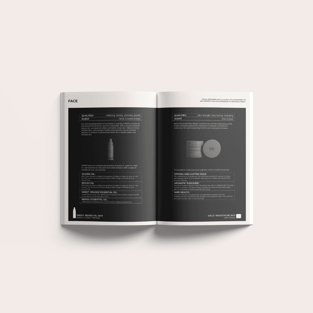 Open spread from Barberian Men's Grooming branding booklet with a black-and-white design. 