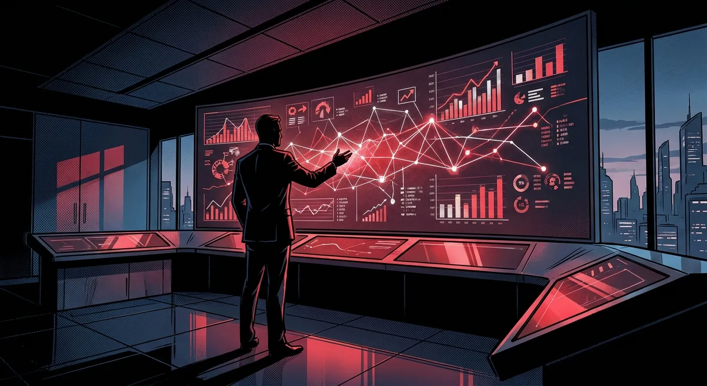 Man analyzing data on a digital panel at RockN' Socials Digital Marketing Agency.