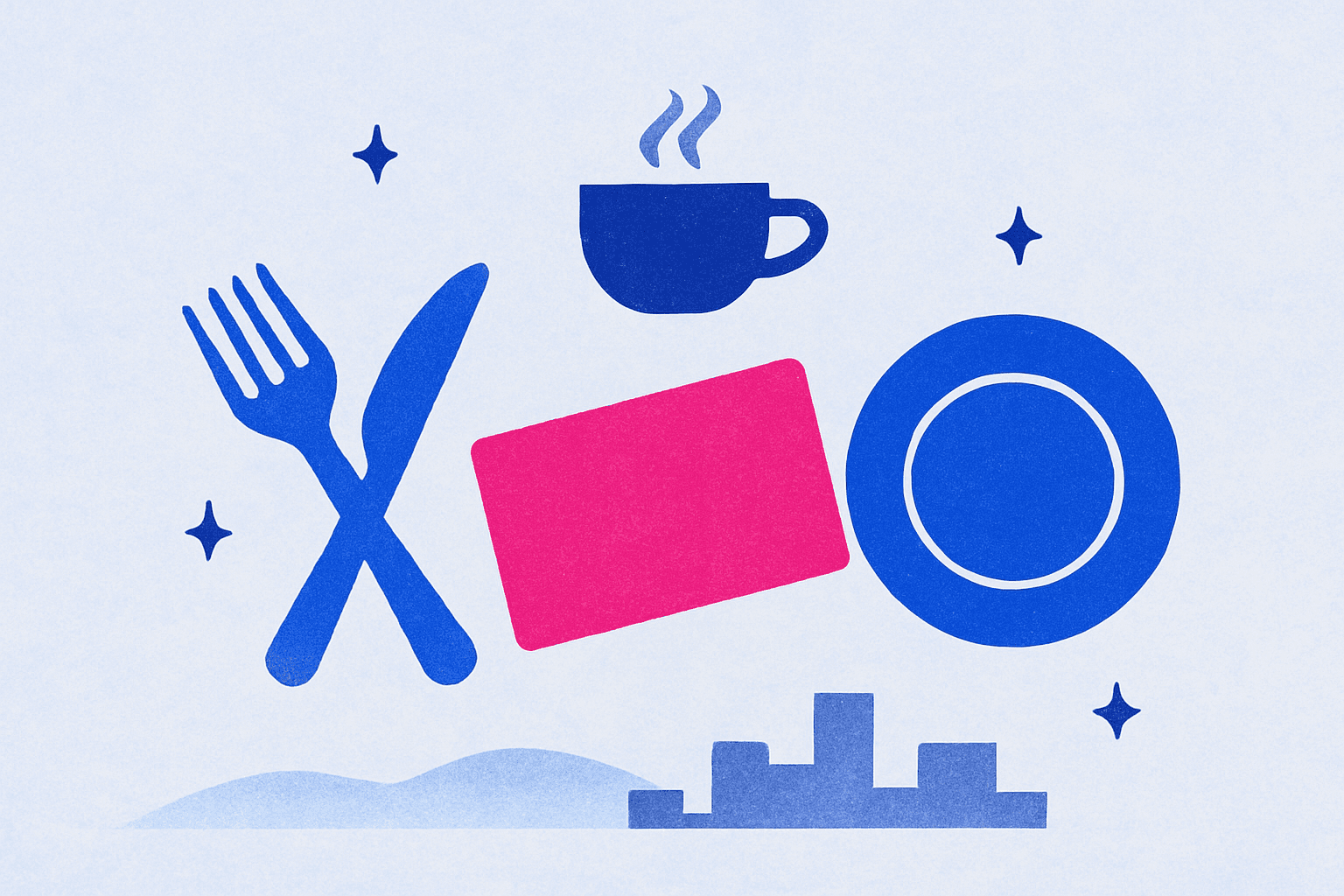 Composición editorial de tarjeta de crédito magenta como acento central, cubiertos y plato en cobalto, taza de café en marino sobre fondo crema, representando descuentos en restaurantes con tarjeta bancaria.