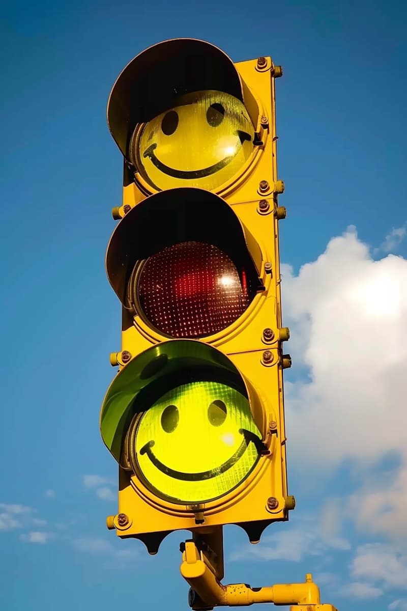 eine ampel, auf die lichter der ampel sind 3 smileys gezeichnet worden
