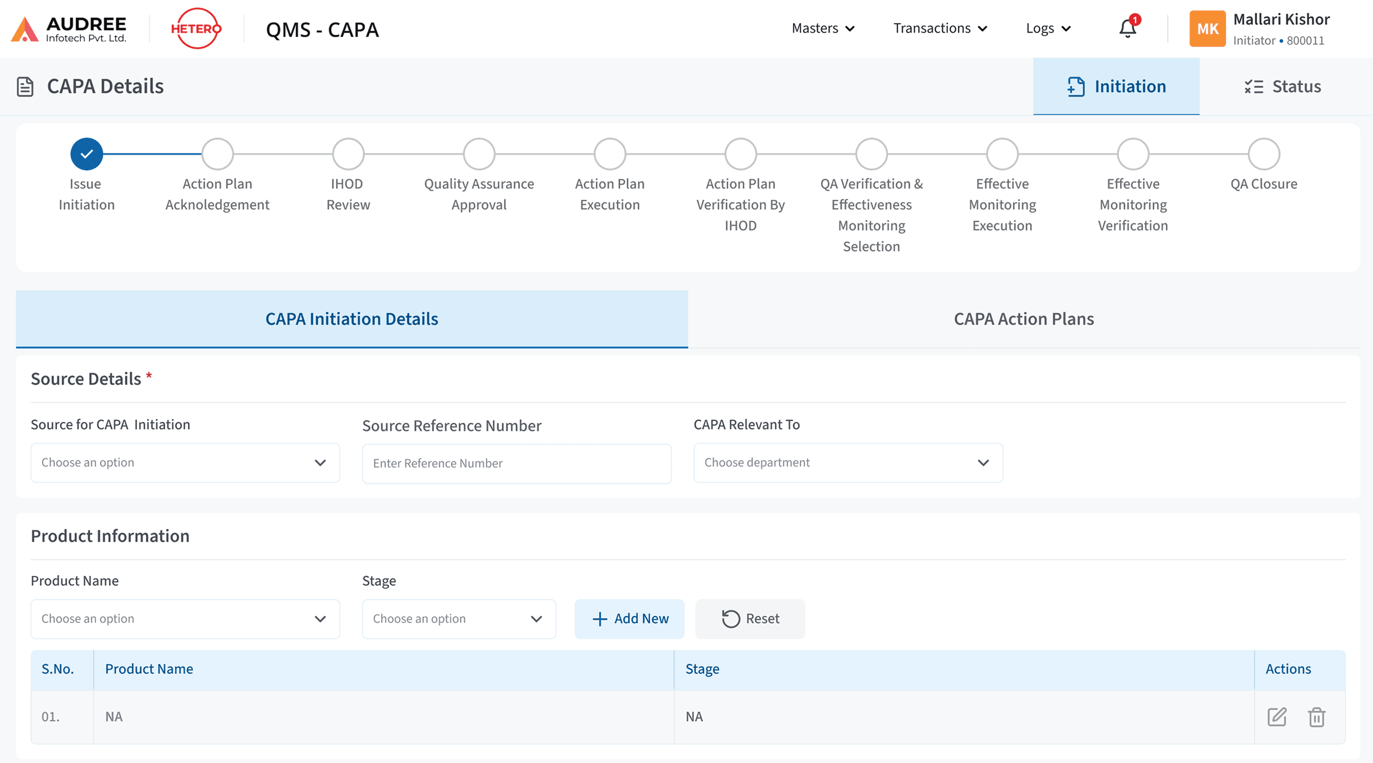 CAPA initiation form interface