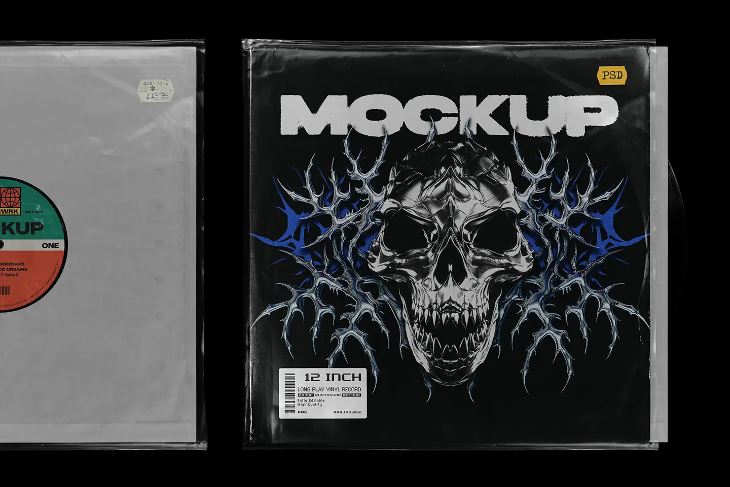 Vinyl record mockup inner sleeve with editable cover and visible vinyl record