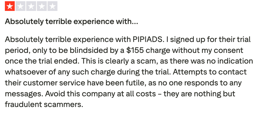 Support section with one-star review criticizing PipiAds billing and customer service