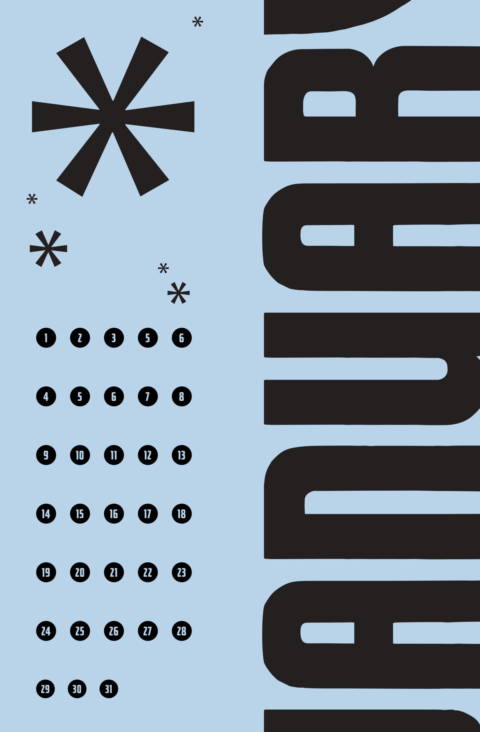 January month calendar illustration on a blue background and a few asterisks representing snowflakes