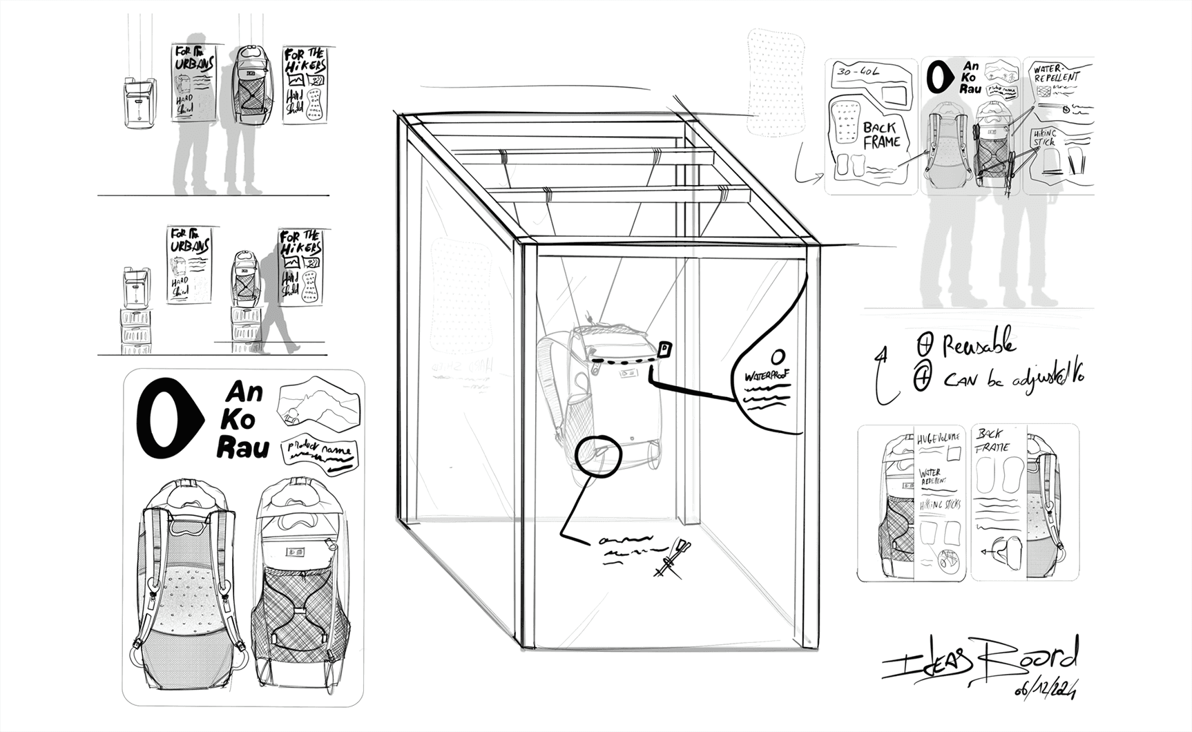 Mathis Gauguelat's exhibition proposal sketch for AN KO RAU, showing a glass box display concept and key product features.