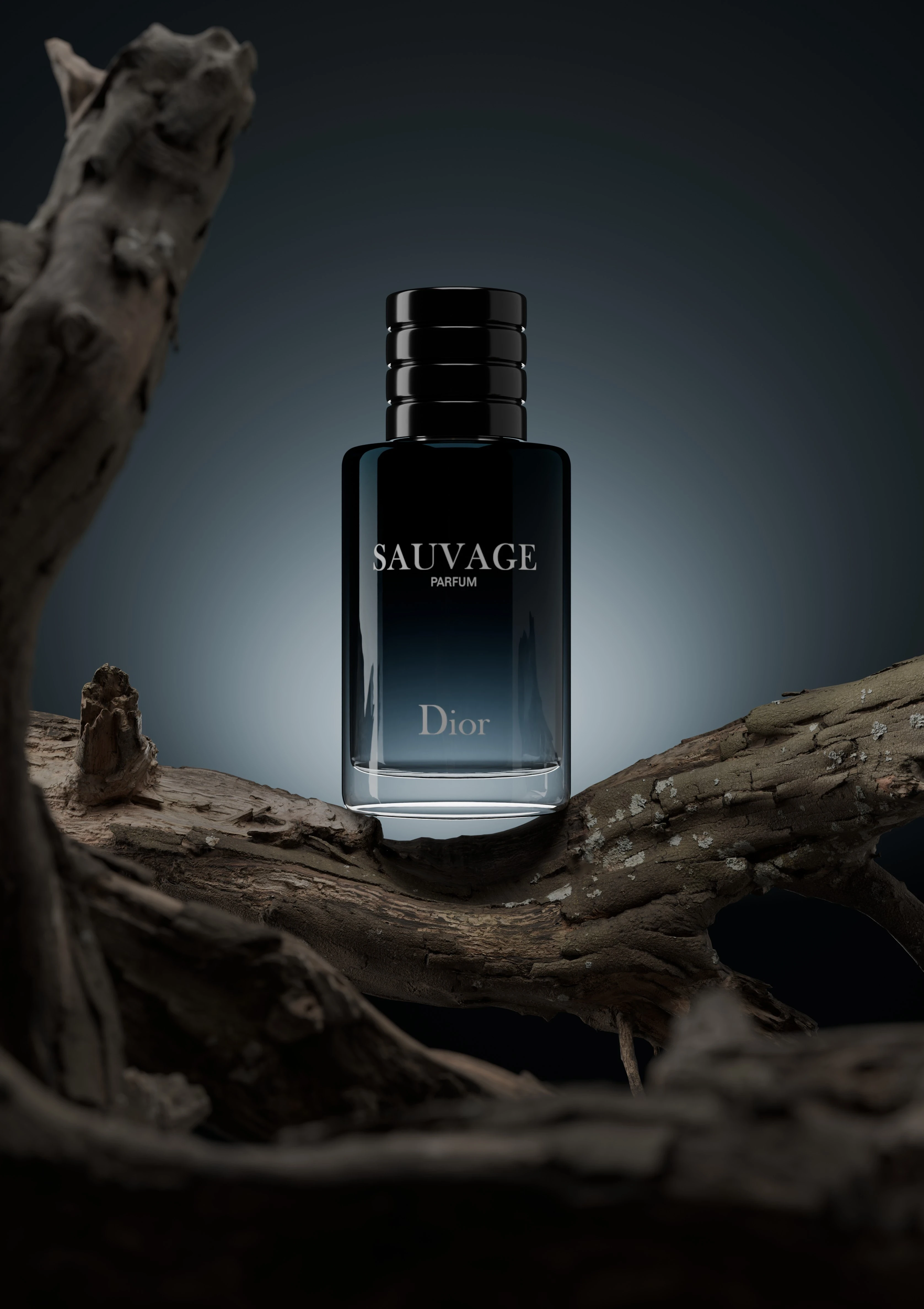 Rendu 3D hyperréaliste d'un flacon de parfum Dior Sauvage sur une branche de bois texturé.