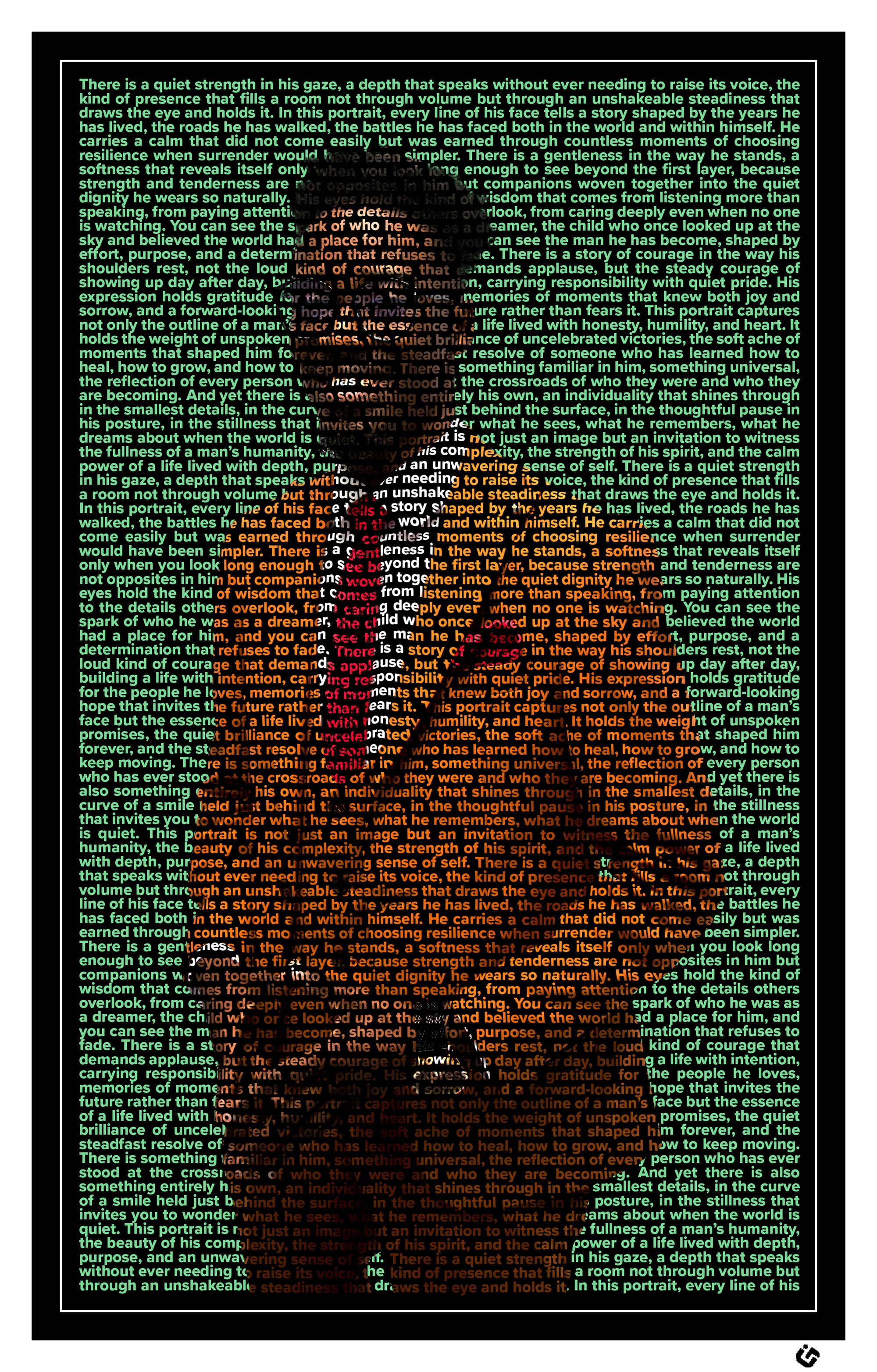 Personalized text portrait of a man in a mustard suit created using motivational tribute words, designed by U-Go Experience. Modern typographic artwork celebrating confidence, ambition, and personal growth.