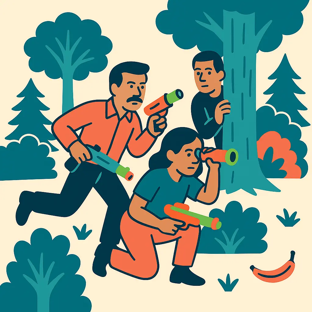 Participants d'un team building en mode chasse à l'homme dans la forêt