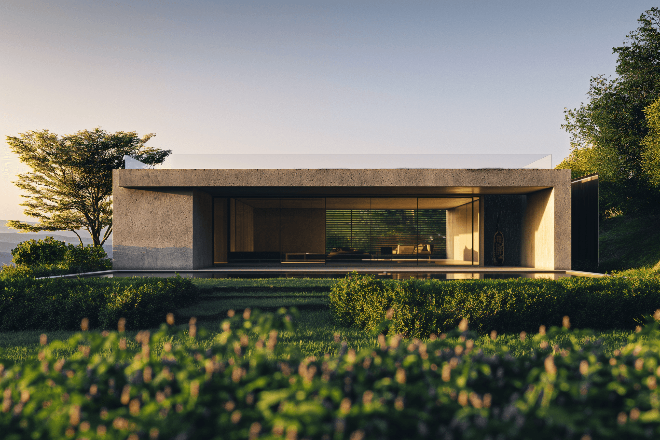 View of the French countryside through a stone villa’s open living room, with sofas and trees framing the scene