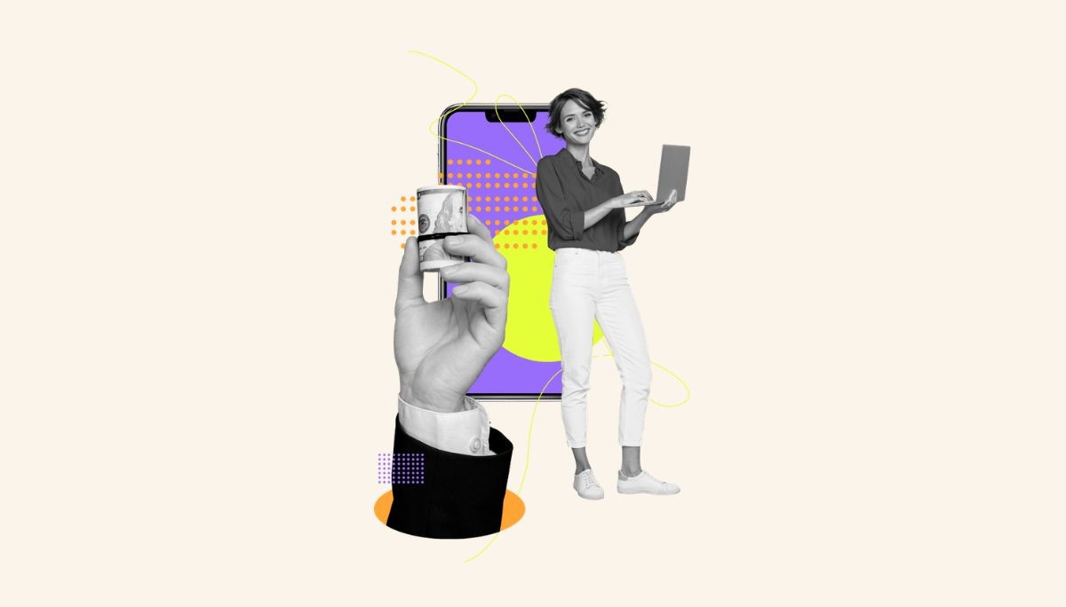 Collage illustration of a person with a laptop standing in front of a giant smartphone and abstract financial elements, symbolizing the skills and steps to become a mobile app developer.