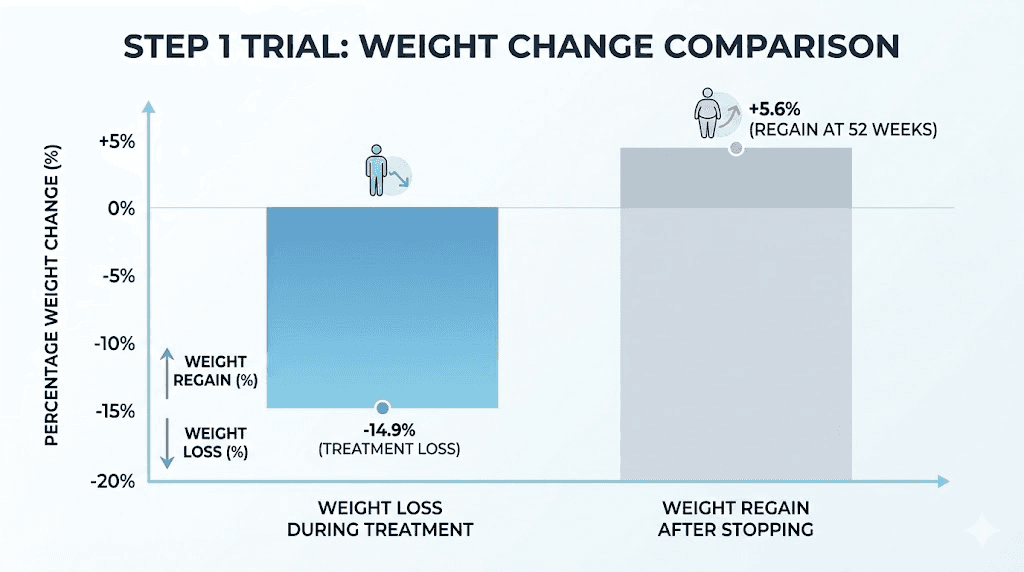 STEP 1 trial semaglutide weight regain data showing two-thirds of weight lost was regained within one year of stopping