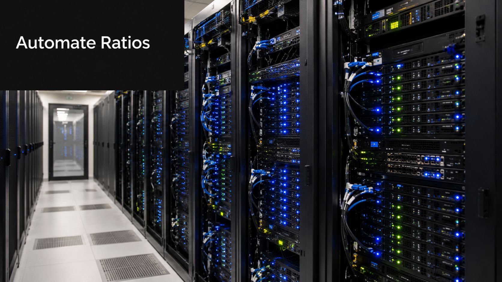 Rows of black server racks with blinking blue and green lights in a modern data center.