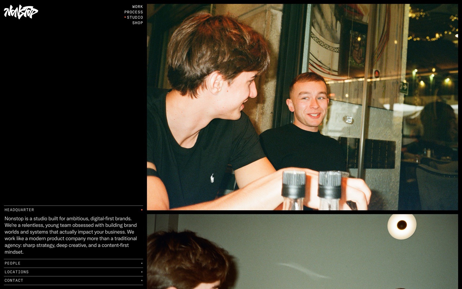 Two people smiling at a table indoors; one in a black shirt. Text: "nonstop" and "WORK, PROCESS, STUDIO, SHOP" on black sidebar.