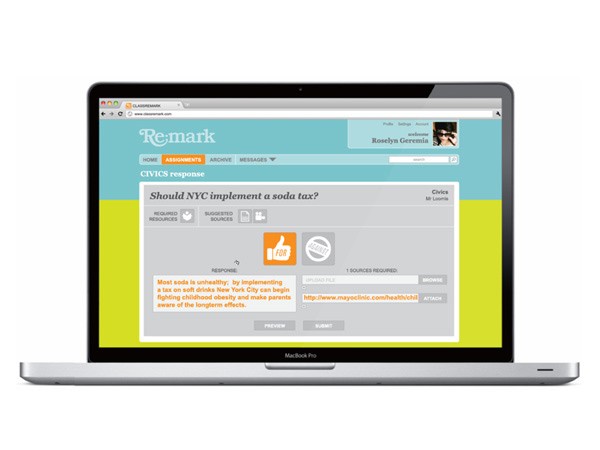 A silver MacBook laptop displays a webpage titled “CIVICS response” from Remark. The page features a light blue header, a yellow-green sidebar, and a light gray content area. A prominent orange thumbs-up icon is visible next to a text box containing the question “Should NYC implement a soda tax?”. The webpage includes navigation links like “HOME,” “ASSIGNMENTS,” “ARCHIVE,” and “MESSAGES.” A user profile section displays the name “Roselyn Geremia.” The URL shown is http://www.mayecinic.com/health/civics.