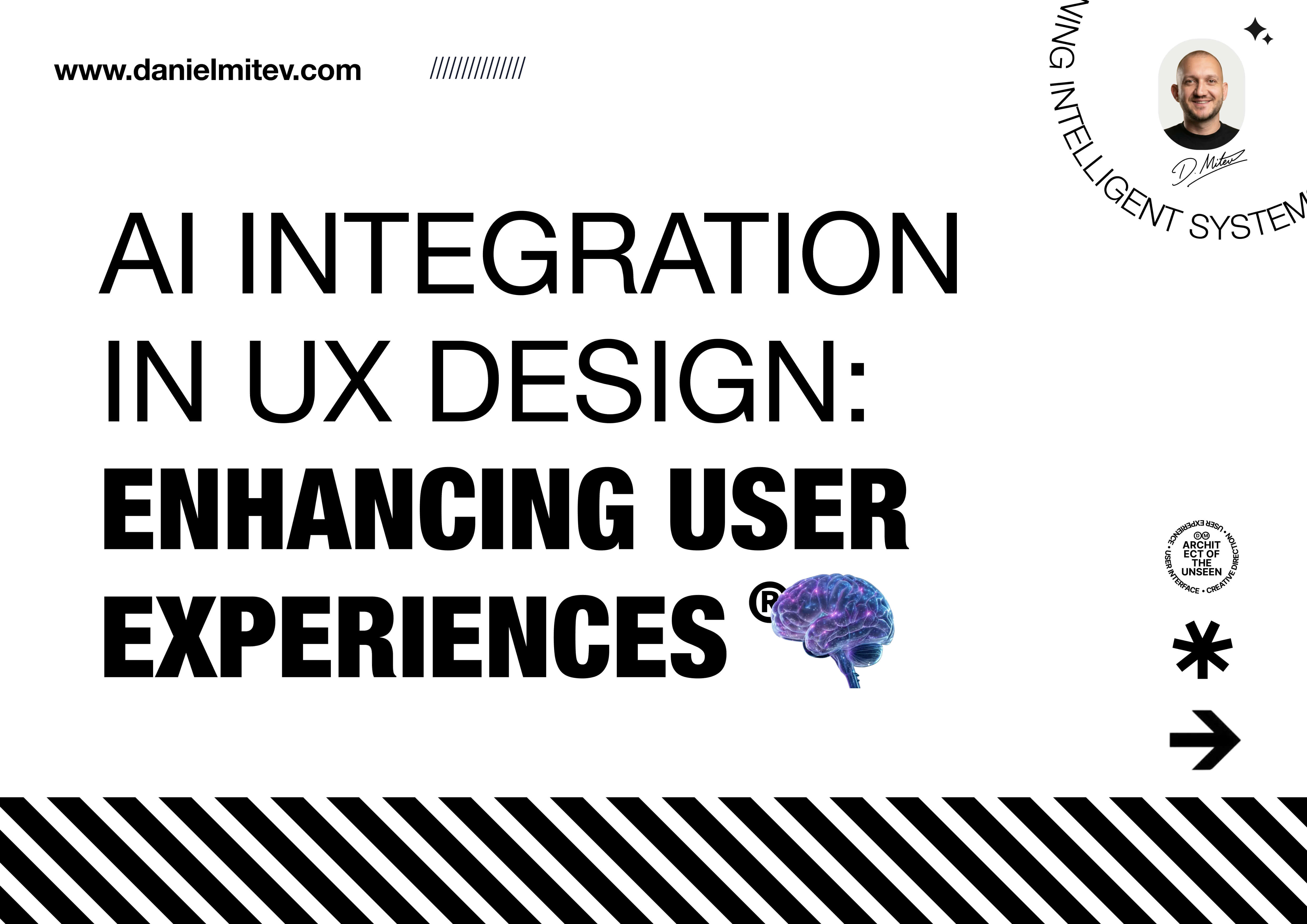 AI integration in UX design hero banner with bold typography and brain illustration, highlighting user experience strategy and AI-driven product design by Daniel Mitev