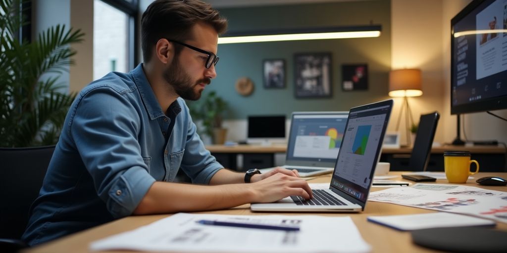 Professionele webdesigner werkt aan laptop in kantoor.